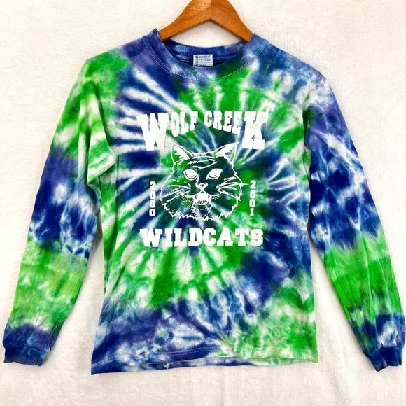 Vintage Anvil Youth Tie Dye Wolf Creek Long Sleeve Wildcats 2000's T-Shirt L - Picture 1 of 10